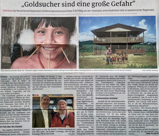 Diese beeindruckenden Bilder der Yanomami zeigte Christina Haverkamp in einem Vortrag im Eine-Welt-Laden in Schwaig. Rechts zu sehen ist die Krankenstation, für die sie sich einsetzt.